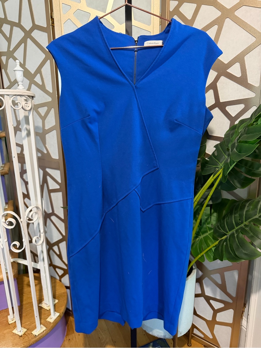 Calvin Klein Royal Blue Sheath Dress Size 12 Asymmetrical Ruffle Career
